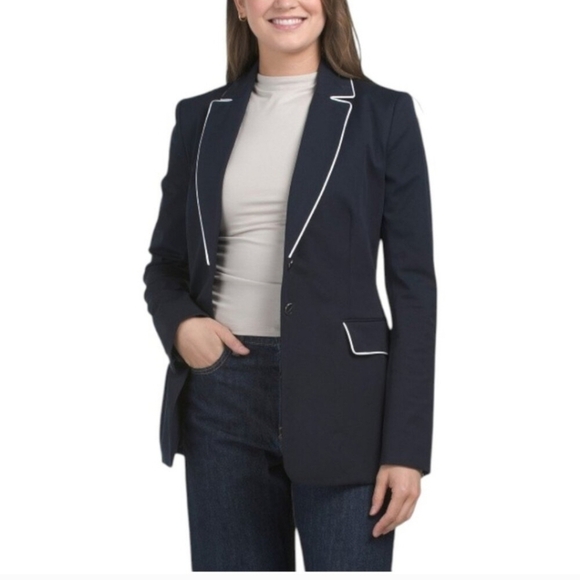 🔹️LELA ROSE🔹️Stretch Contrast Trim Navy Blazer - Picture 1 of 2